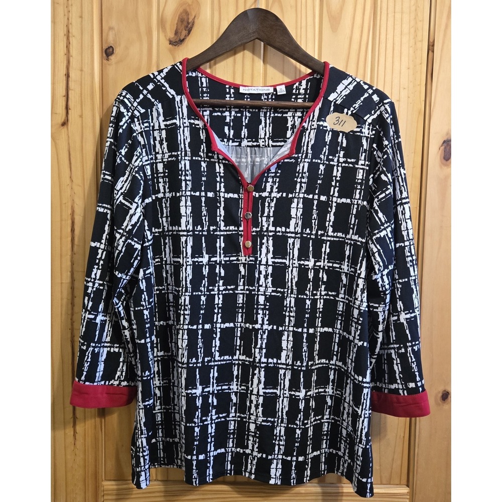 Notations Women's Blouse Size XL Red Black White Long Sleeve 3 Button Front - Picture 1 of 3